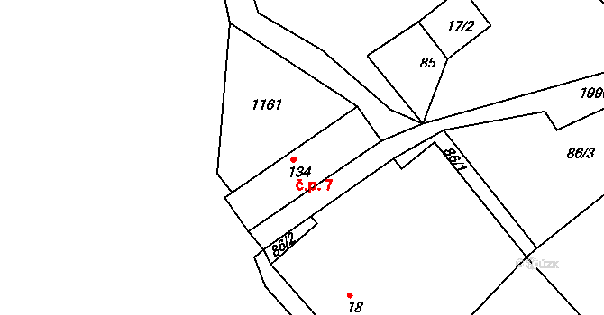 Nahoruby 7, Křečovice na parcele st. 134 v KÚ Nahoruby, Katastrální mapa