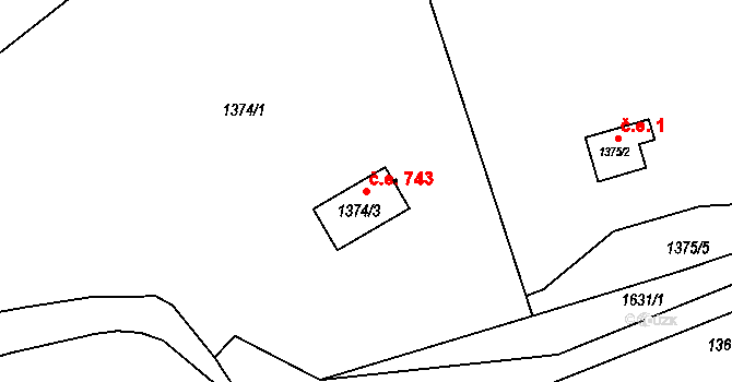 Řeporyje 743, Praha na parcele st. 1374/3 v KÚ Řeporyje, Katastrální mapa