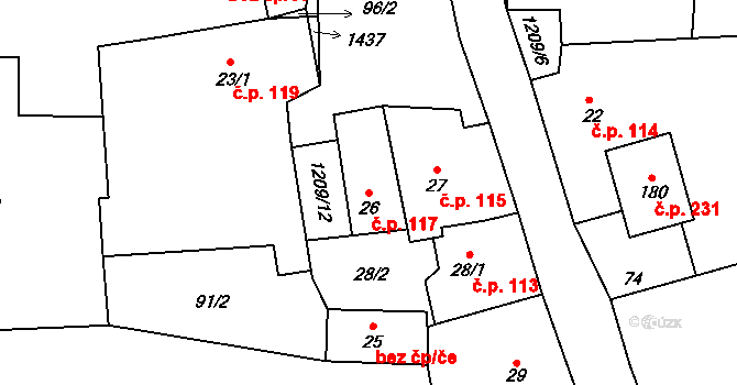 Horní Bory 117, Bory na parcele st. 26 v KÚ Horní Bory, Katastrální mapa