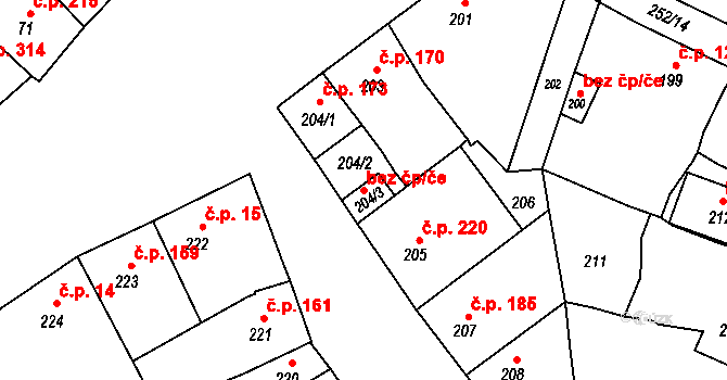 Majetín 48925322 na parcele st. 204/3 v KÚ Majetín, Katastrální mapa
