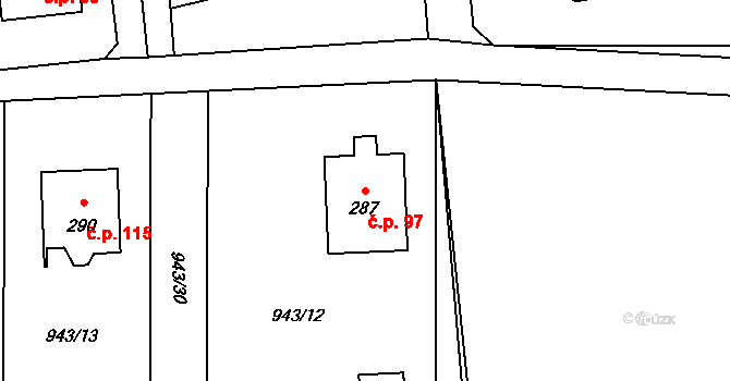 Dolní Tošanovice 97 na parcele st. 287 v KÚ Dolní Tošanovice, Katastrální mapa
