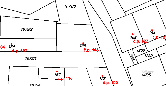 Podlešín 103 na parcele st. 135 v KÚ Podlešín, Katastrální mapa