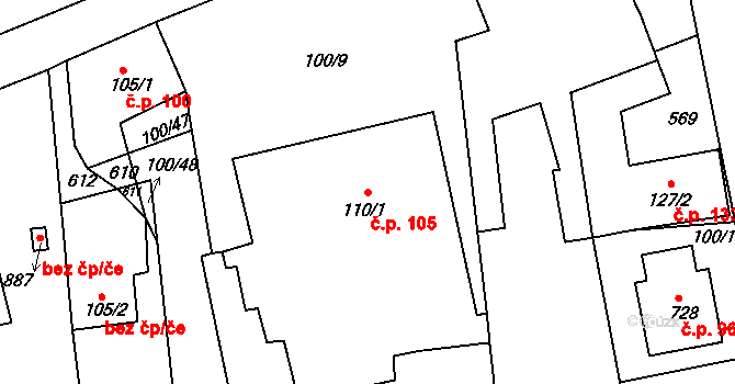 Rudná 105 na parcele st. 110/1 v KÚ Dušníky u Rudné, Katastrální mapa