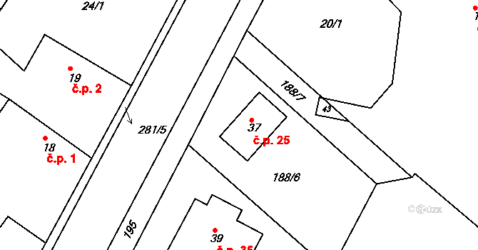 Komárov 25, Kladruby nad Labem na parcele st. 37 v KÚ Komárov u Přelouče, Katastrální mapa