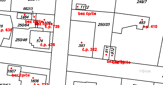 Rosice 382, Pardubice na parcele st. 393 v KÚ Rosice nad Labem, Katastrální mapa