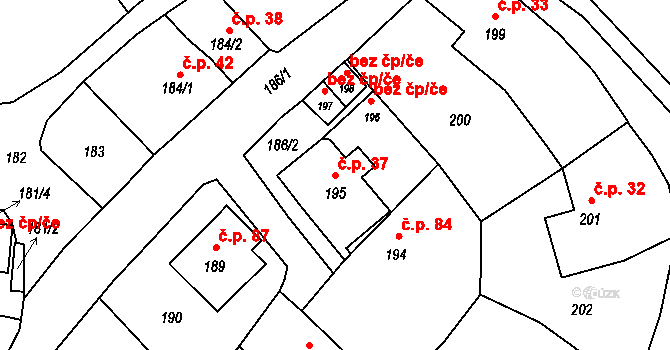 Postřelmov 37 na parcele st. 195 v KÚ Postřelmov, Katastrální mapa