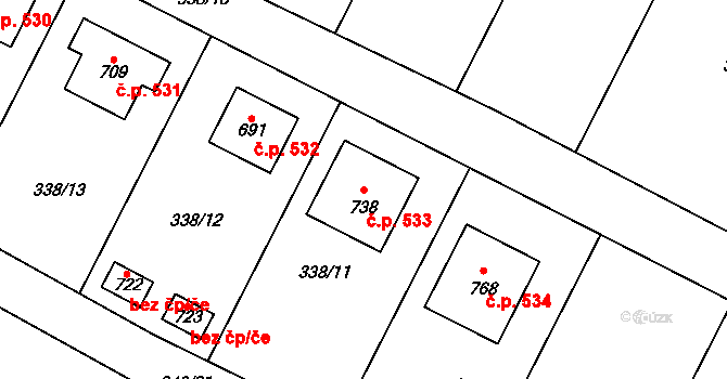 Cerhenice 533 na parcele st. 738 v KÚ Cerhenice, Katastrální mapa