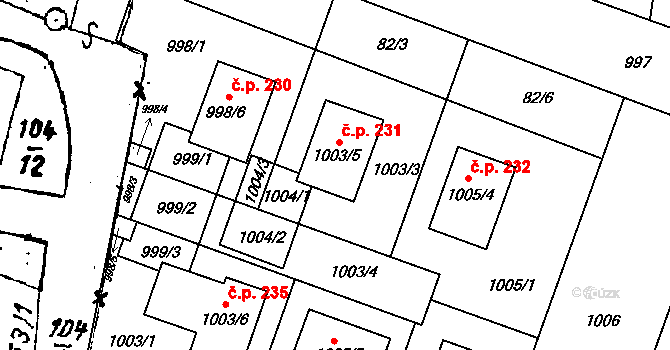 Dyjákovičky 231 na parcele st. 1003/5 v KÚ Dyjákovičky, Katastrální mapa