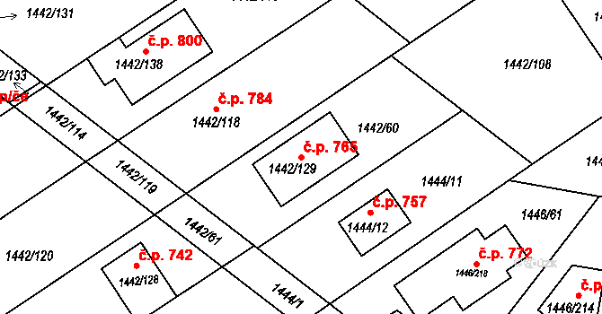 Troubsko 765 na parcele st. 1442/129 v KÚ Troubsko, Katastrální mapa