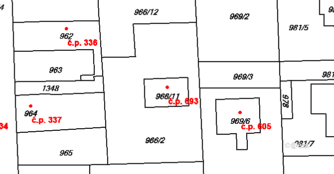 Líně 693 na parcele st. 966/11 v KÚ Líně, Katastrální mapa