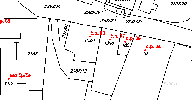Černín 77 na parcele st. 103/2 v KÚ Černín, Katastrální mapa