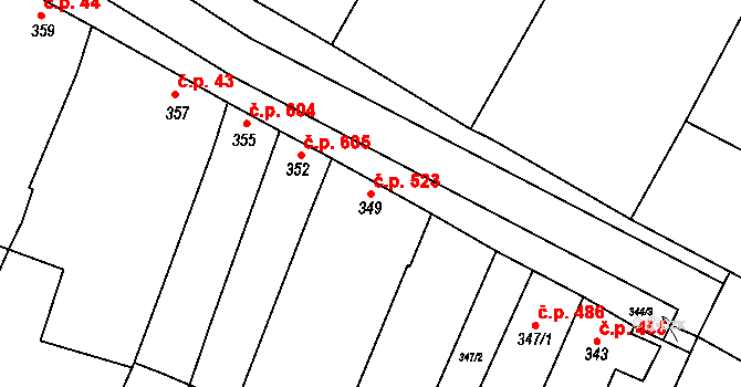Jaroslavice 523 na parcele st. 349 v KÚ Jaroslavice, Katastrální mapa