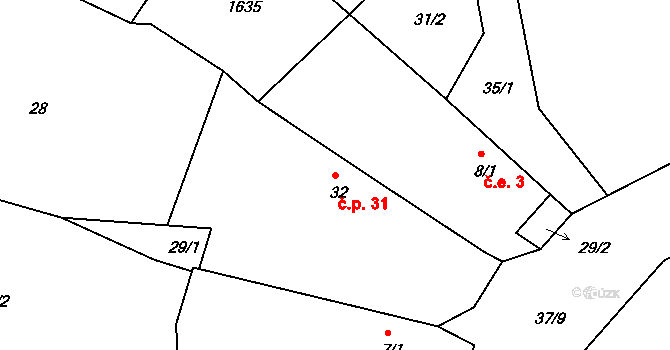 Políkno 31, Toužim na parcele st. 32 v KÚ Políkno u Toužimi, Katastrální mapa