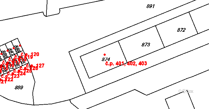 Miřetice u Klášterce nad Ohří 401,402,403, Klášterec nad Ohří na parcele st. 874 v KÚ Miřetice u Klášterce nad Ohří, Katastrální mapa