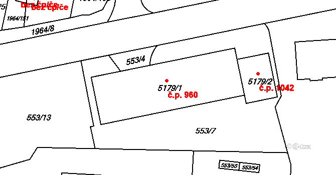 Borovina 959, Třebíč na parcele st. 5179/1 v KÚ Třebíč, Katastrální mapa