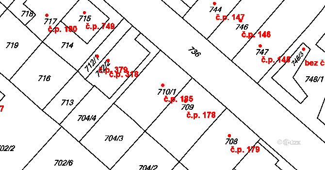 Soběšice 185, Brno na parcele st. 710/1 v KÚ Soběšice, Katastrální mapa