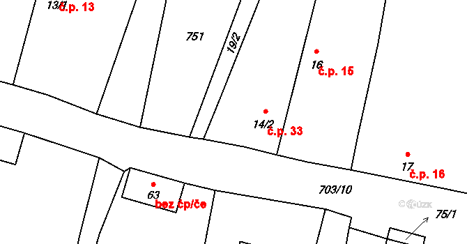 Třeskonice 33, Tuchořice na parcele st. 14/2 v KÚ Třeskonice, Katastrální mapa