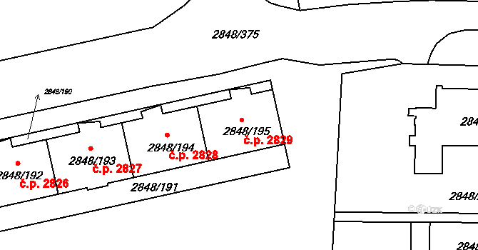 Záběhlice 2829, Praha na parcele st. 2848/195 v KÚ Záběhlice, Katastrální mapa