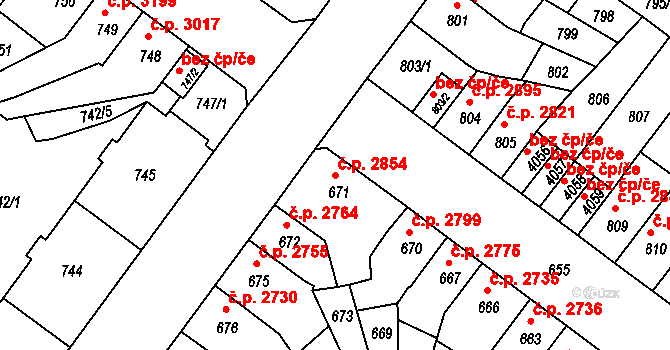 Chomutov 2854 na parcele st. 671 v KÚ Chomutov II, Katastrální mapa