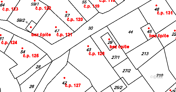 Hodkovice nad Mohelkou 128 na parcele st. 43 v KÚ Hodkovice nad Mohelkou, Katastrální mapa