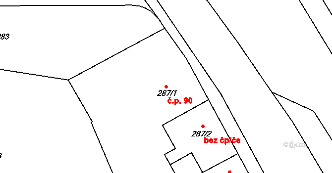 Doudlevce 90, Plzeň na parcele st. 287/1 v KÚ Doudlevce, Katastrální mapa