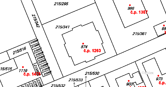 Rudná 1263 na parcele st. 874 v KÚ Hořelice, Katastrální mapa