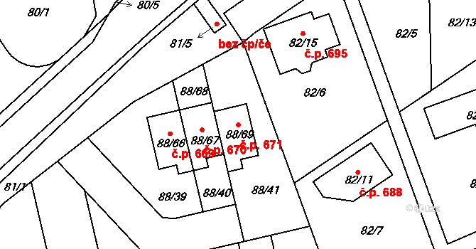 Božkov 671, Plzeň na parcele st. 88/69 v KÚ Božkov, Katastrální mapa