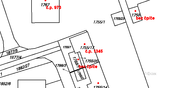 Poštorná 1345, Břeclav na parcele st. 1755/17 v KÚ Poštorná, Katastrální mapa