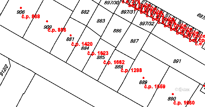 Předměstí 1632, Litoměřice na parcele st. 885 v KÚ Litoměřice, Katastrální mapa