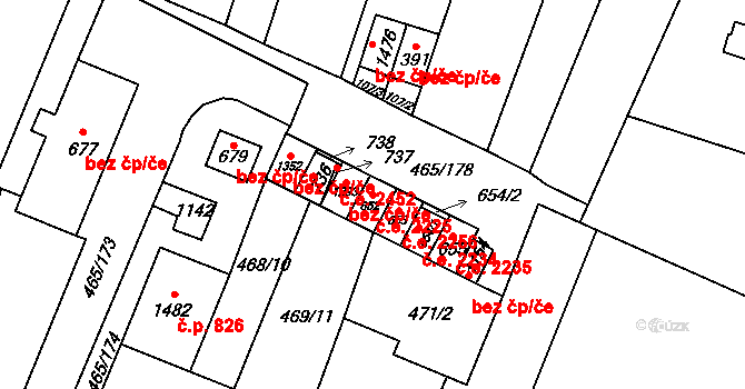 Přímětice 2225, Znojmo na parcele st. 652 v KÚ Přímětice, Katastrální mapa