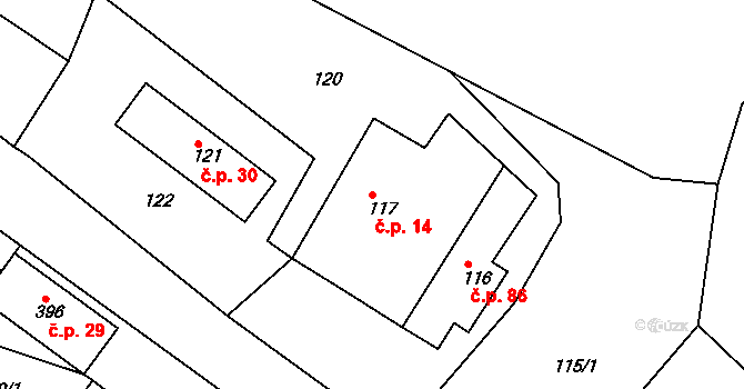 Domanín 14, Bystřice nad Pernštejnem na parcele st. 117 v KÚ Domanín u Bystřice nad Pernštejnem, Katastrální mapa