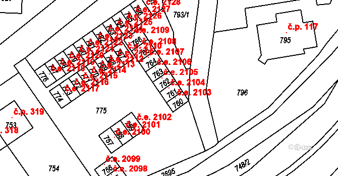 Mariánské Údolí 2104, Hlubočky na parcele st. 761 v KÚ Hlubočky, Katastrální mapa