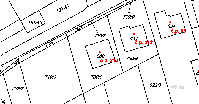 Hrádek na Vlárské dráze 213, Slavičín na parcele st. 386 v KÚ Hrádek na Vlárské dráze, Katastrální mapa