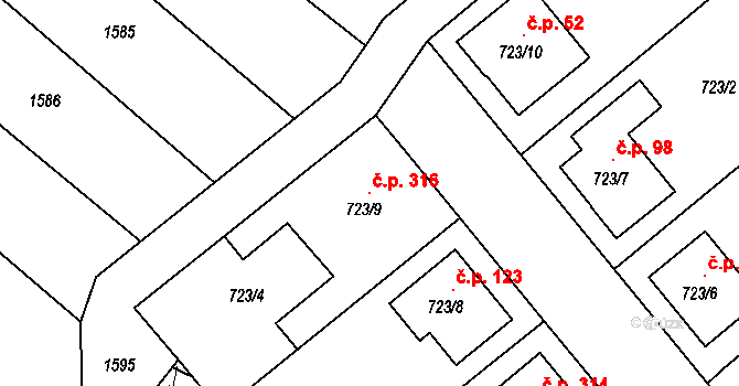 Huštěnovice 316 na parcele st. 723/9 v KÚ Huštěnovice, Katastrální mapa