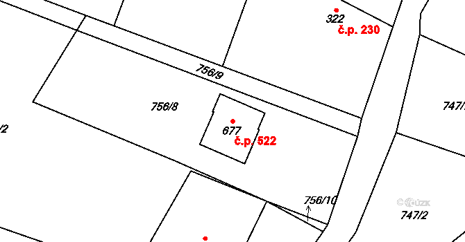 Nebory 522, Třinec na parcele st. 677 v KÚ Nebory, Katastrální mapa