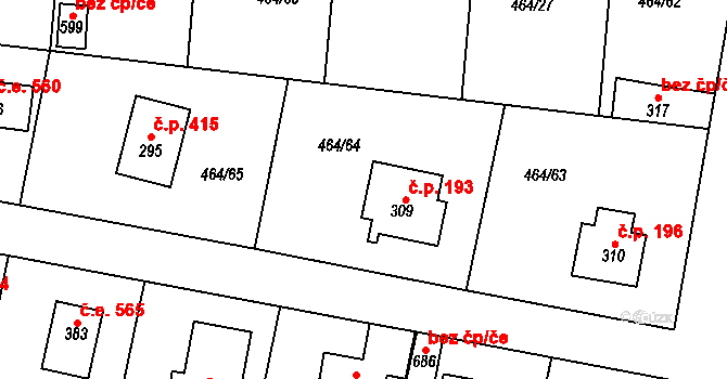 Třebotov 193 na parcele st. 309 v KÚ Třebotov, Katastrální mapa