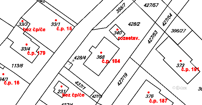 Ráby 184 na parcele st. 368 v KÚ Ráby, Katastrální mapa