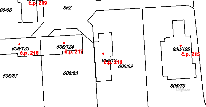 Drahelice 216, Nymburk na parcele st. 606/137 v KÚ Drahelice, Katastrální mapa