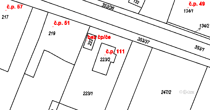 Tři Dvory 111, Litovel na parcele st. 223/2 v KÚ Tři Dvory u Litovle, Katastrální mapa