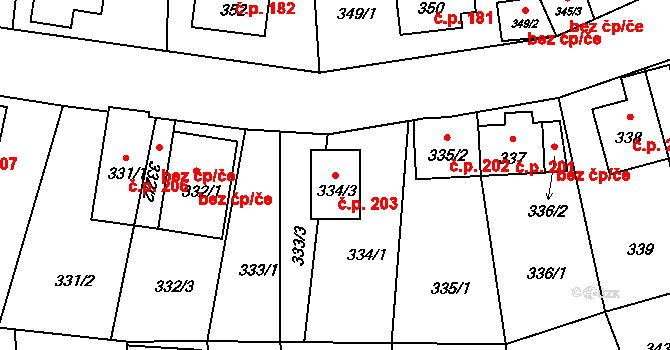 Černé Budy 203, Sázava na parcele st. 334/3 v KÚ Černé Budy, Katastrální mapa