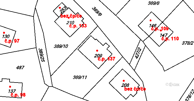 Merklín 137 na parcele st. 209 v KÚ Merklín u Karlových Var, Katastrální mapa