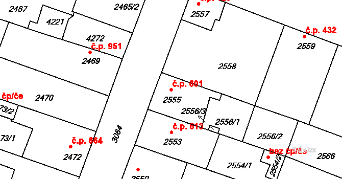 Čelákovice 601 na parcele st. 2555 v KÚ Čelákovice, Katastrální mapa