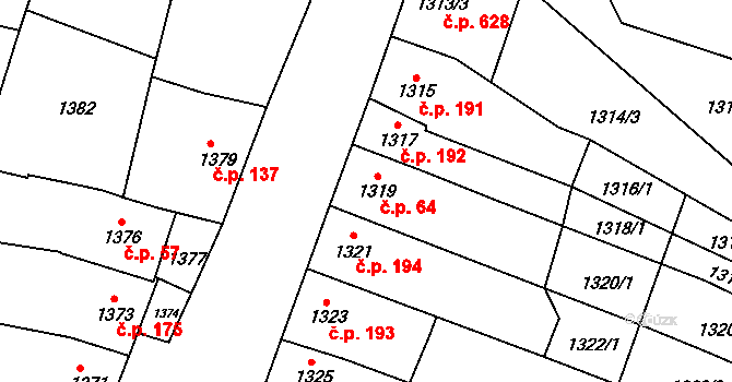 Rajhrad 64 na parcele st. 1319 v KÚ Rajhrad, Katastrální mapa