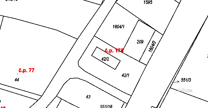 Šlovice 178, Dobřany na parcele st. 42/2 v KÚ Šlovice u Plzně, Katastrální mapa