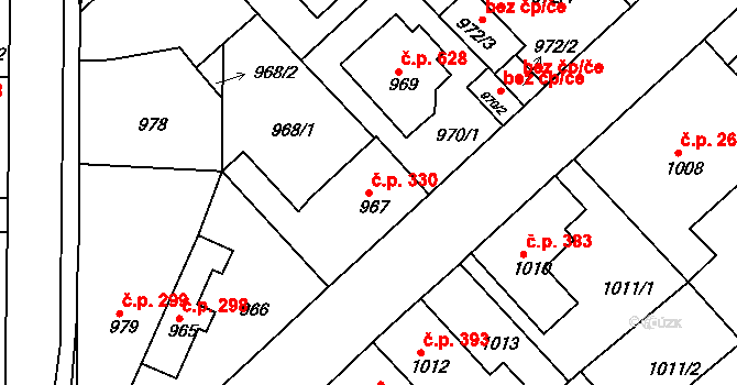 Tuchlovice 330 na parcele st. 967 v KÚ Tuchlovice, Katastrální mapa