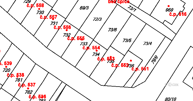 Dolní Bousov 553 na parcele st. 734 v KÚ Dolní Bousov, Katastrální mapa