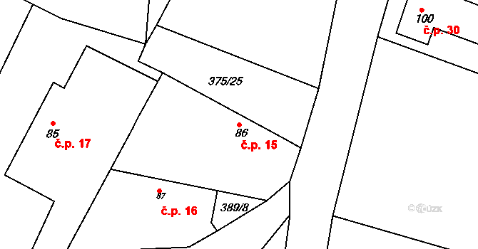 Jeřičky 15, Hořiněves na parcele st. 86 v KÚ Jeřičky, Katastrální mapa