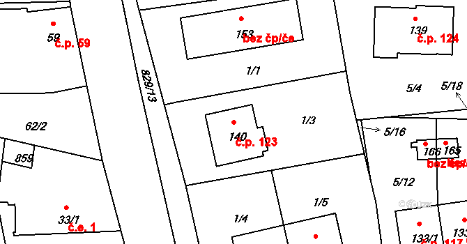 Pištín 123 na parcele st. 140 v KÚ Pištín, Katastrální mapa