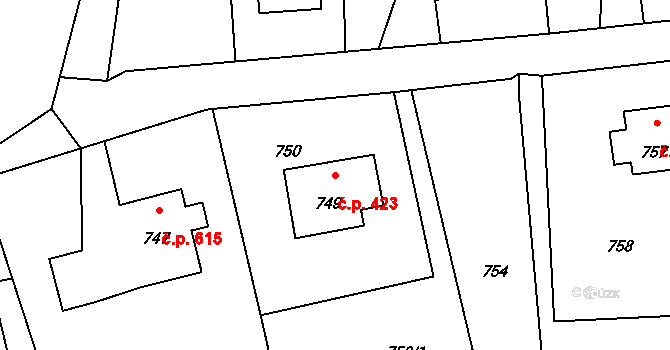 Lutyně 423, Orlová na parcele st. 749 v KÚ Horní Lutyně, Katastrální mapa
