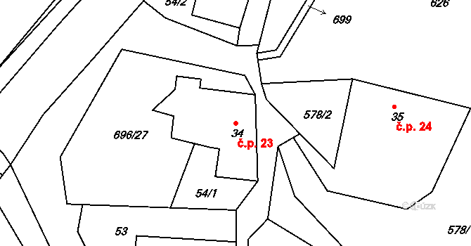 Přední Arnoštov 23, Městečko Trnávka na parcele st. 34 v KÚ Přední Arnoštov, Katastrální mapa